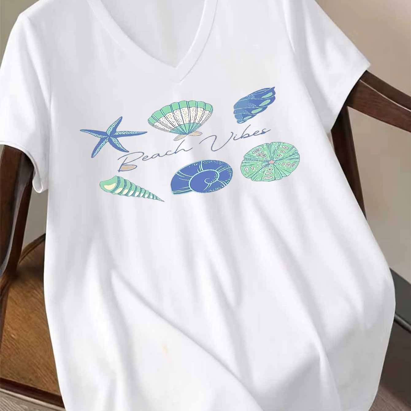 TEMU T-shirt Femme Grande Taille Mode Européenne et Américaine Décontracté Facile Étoile Étoile de Mer Style Océan Imprimé Col en V Manches Courtes,