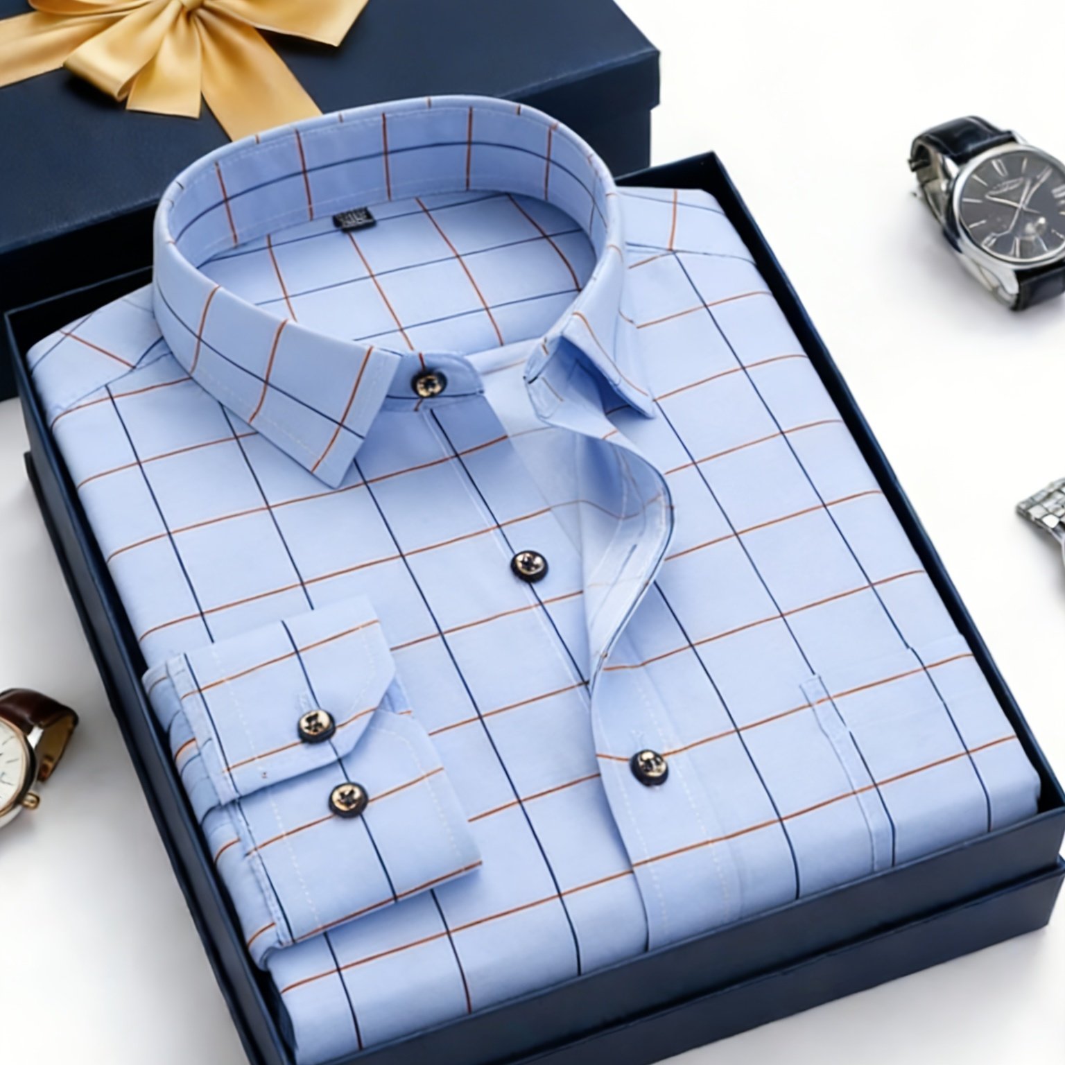 TEMU Men's And Autumn Long-sleeve Plaid Shirt, Slim-fit Business Men's Wear, Wrinkle-free Casual Printed Shirt With Pockets, Smart Casual