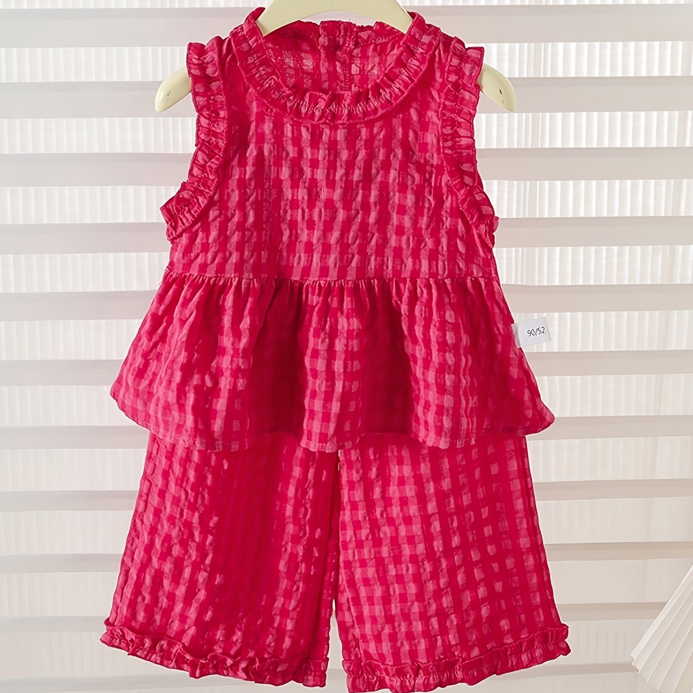 Image of 2pcs Set: Sleeveless Red Plaid Sleeveless Top And Wide-leg Trousers Casual Suit, Cute Baby Clothes, Suitable For Summer, Outdoor, Holiday, Travel, School, Leisure Sports Style
