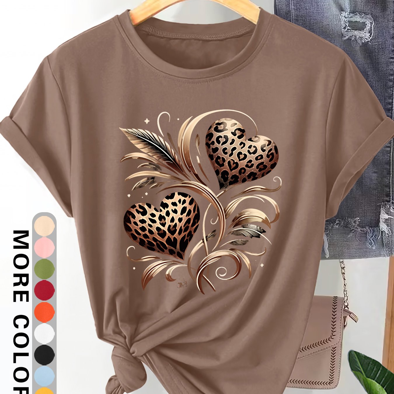 TEMU Leopard Print Heart Pattern Women's Elegant Style Plus Size Loose Short Sleeve Round Neck Comfortable Soft Breathable Summer Outfit Short Sleeve