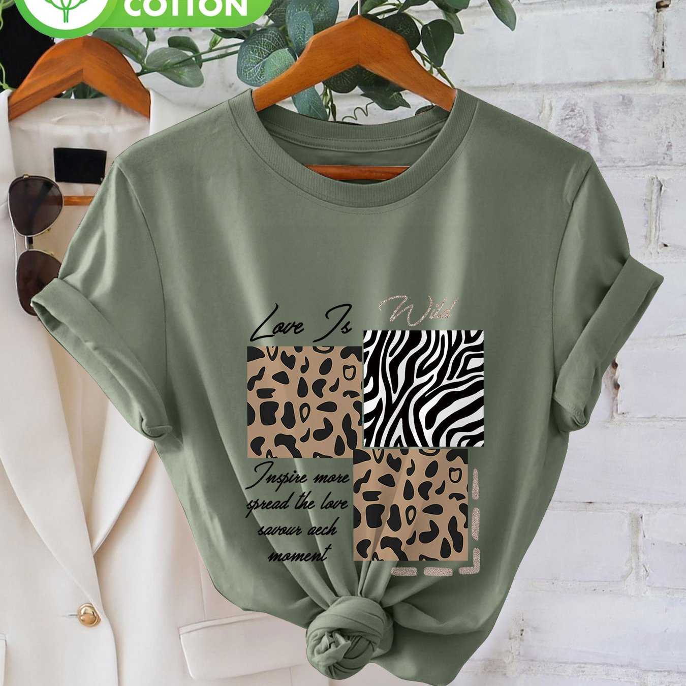 Image of Summer Casual Women's Top, Leopard Print Zebra Print "love Is Wild More" Printed Crew Neck Pure Short Sleeve T-shirt, 1