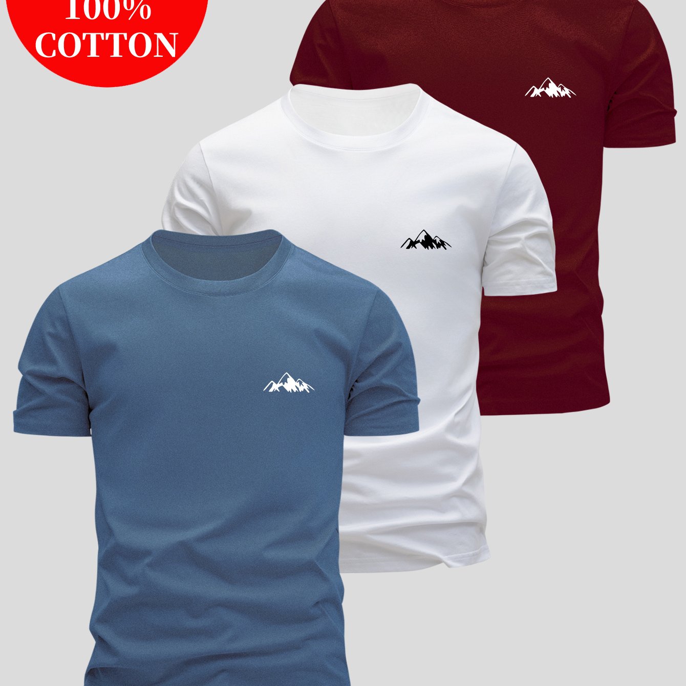 Image of 3pcs 100% T-shirts, Design, Casual Crew Neck, Soft And Skin-friendly Fabric