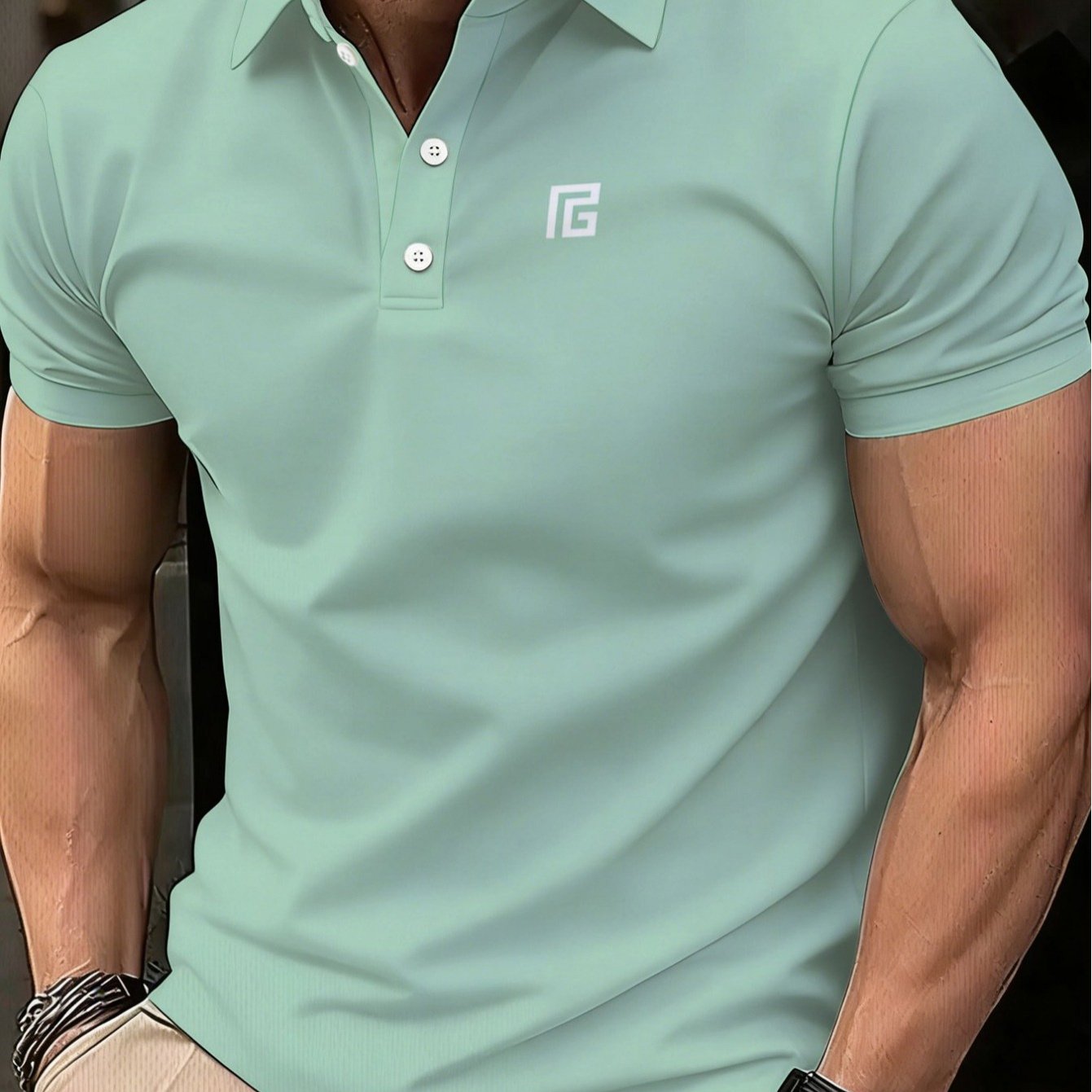 TEMU [printed Design - Not Textured] Men' Green Casual Shirt, Durable, Suitable For Office, Restaurant, Or ; Short Sleeve With Logo Detail, Stylish