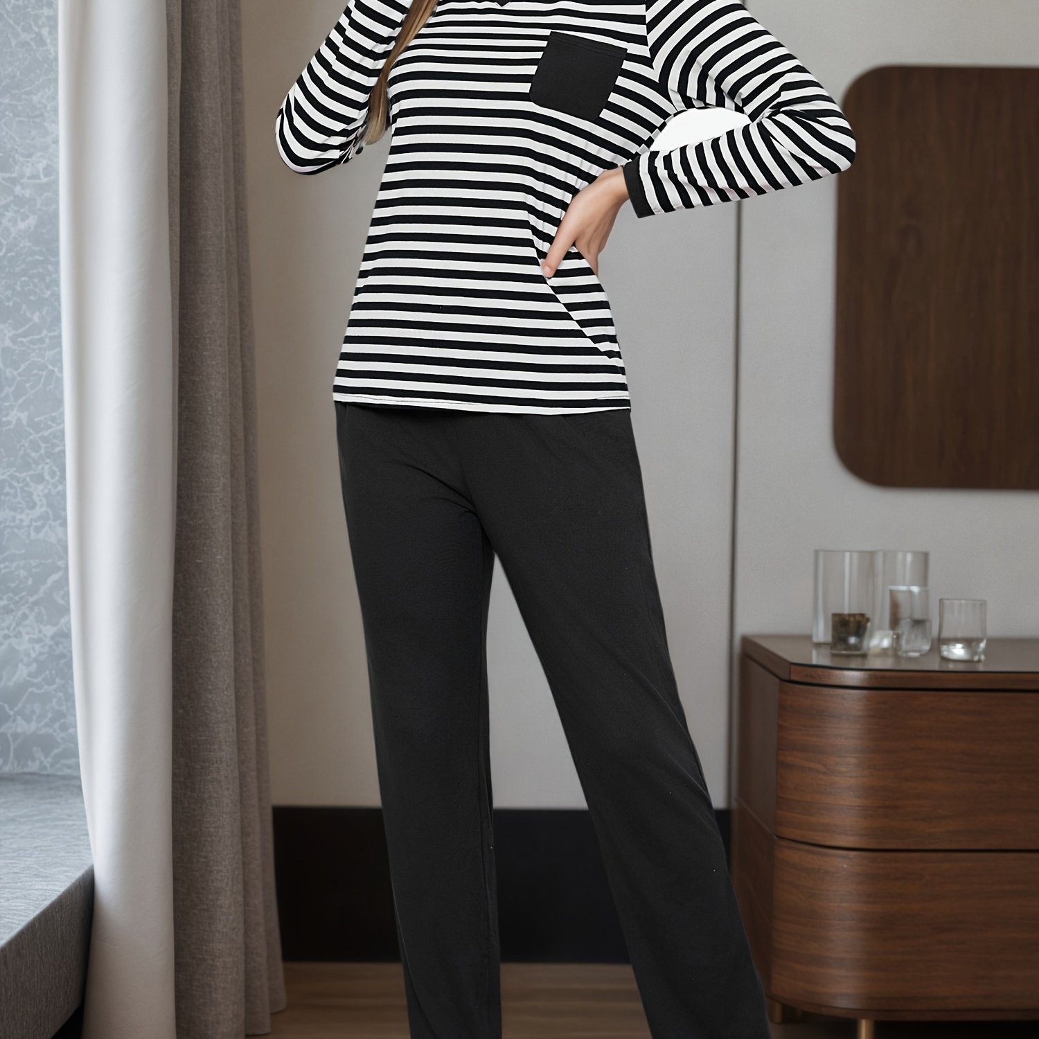 Fall Women's V-neck Striped Loungewear Ensemble, Striped Top With Solid Pants Set, Cozy And Soft Homewear Collection, Basic Autumn And Attire, Women's Set For Fall And Winter, Gift For Her