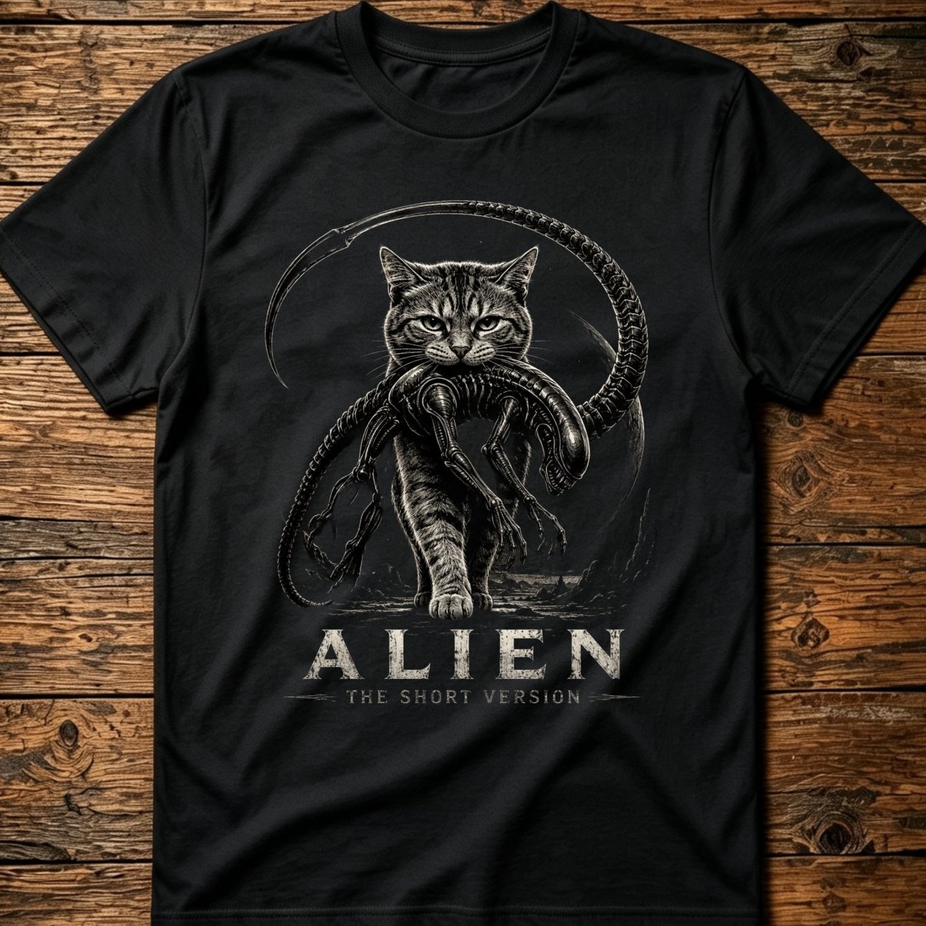 Unisex T-shirt With Cat Carrying An Creature The Short Version Text Dark Detailed Graphic