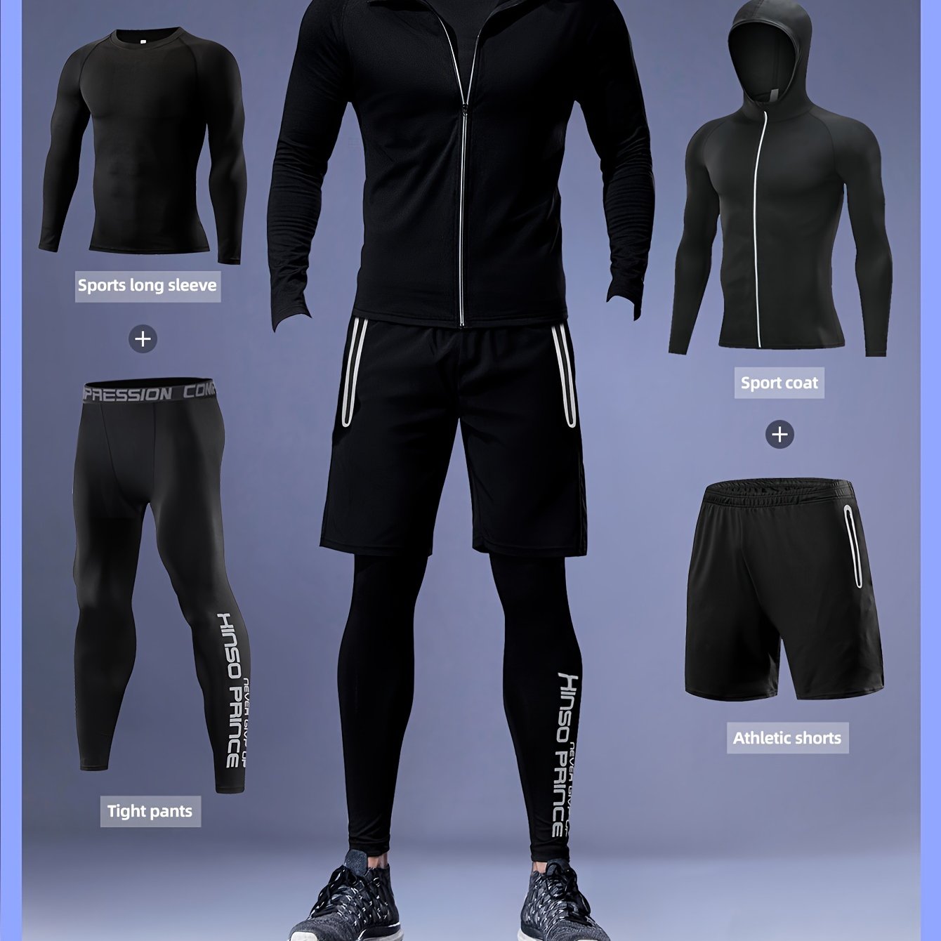 Men's 4pcs Fitness Workout Set: Running, Gym, Long Sleeve, Shorts, Jacket, Pants, Basketball Training, Tight-fitting, Stretchy, Quick- Clothing