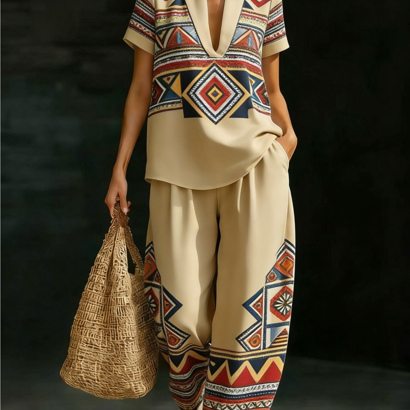 Image of Plus Size, Summer Women's 2pcs Set Tribal Geometric Print V-neck Short Sleeve Top & Wide Leg Pants Casual Loose Vacation Outfit Beige Multicolor