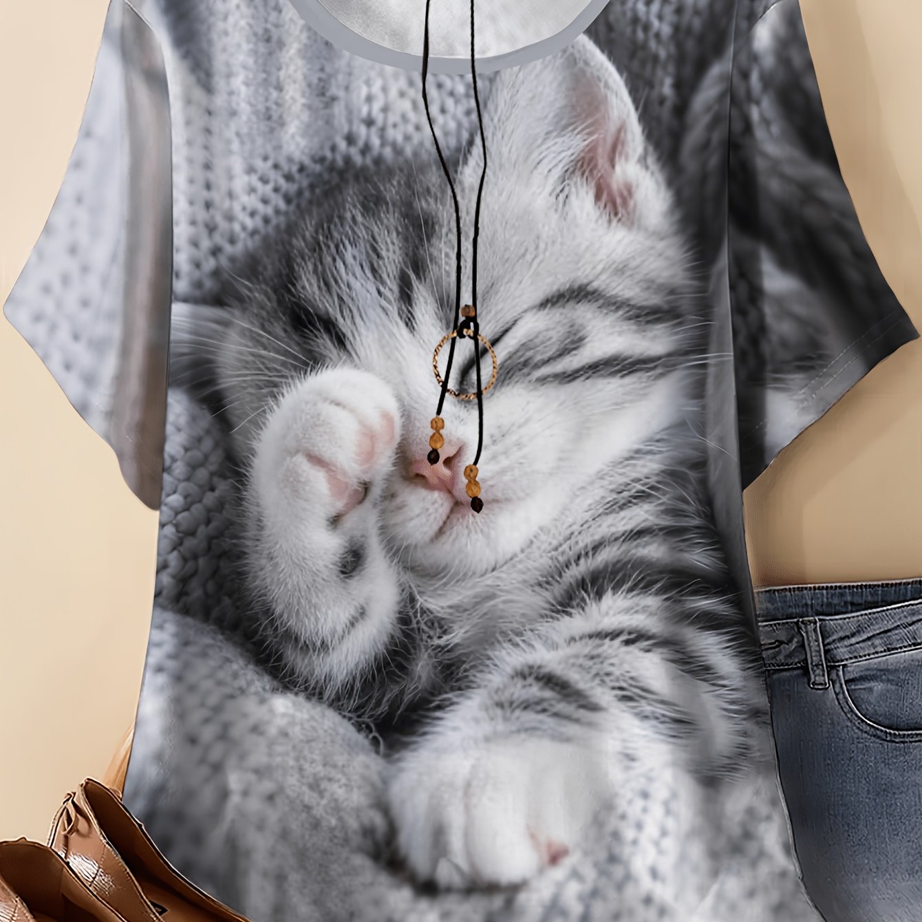 TEMU Plus Size - Plus Size - Summer Fashion New Plus Size Round Neck Trendy Easy Cute Pattern Print, Round Neck Plus Size Temperament Casual Round