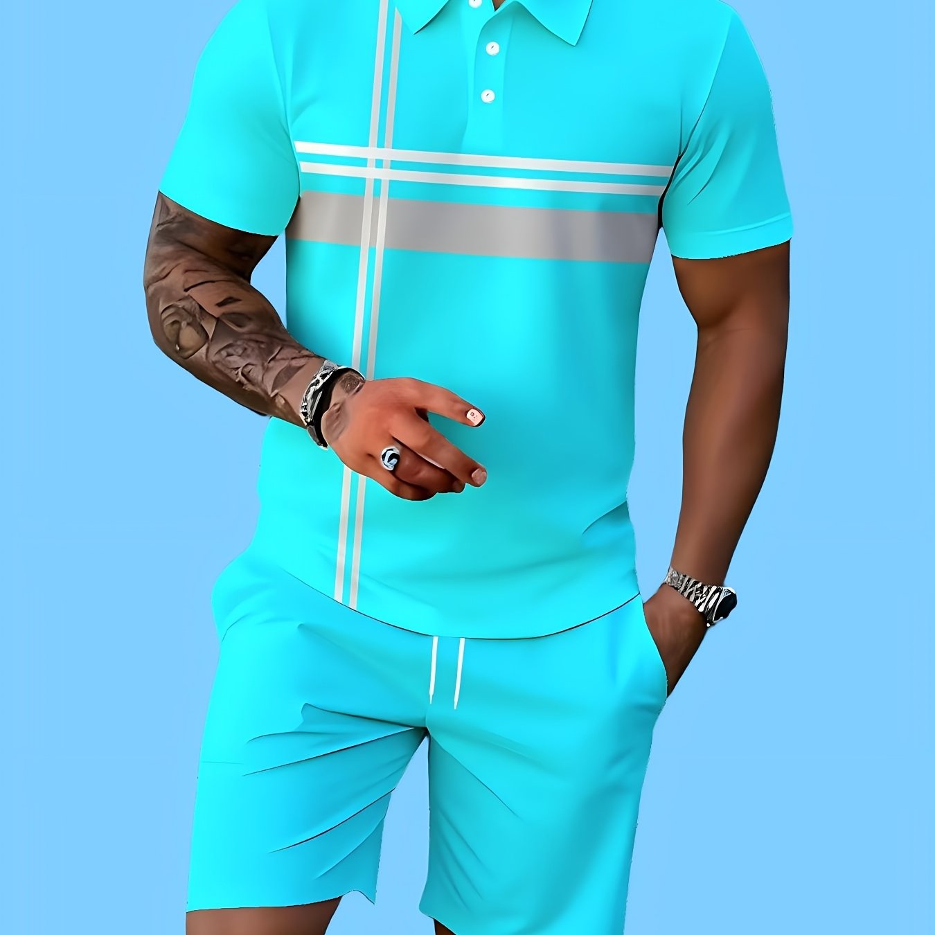 TEMU Men's Casual Sport Style Shirt And Shorts 2pcs Set For Daily Outdoor Wear