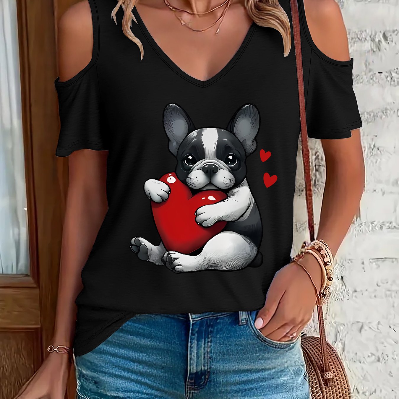 TEMU Women's French Bulldog Graphic T-shirt - Casual V-neck Short Sleeve Tee With Red , Deep V-neck Collar, Lightweight Summer Top For Casual Attire,