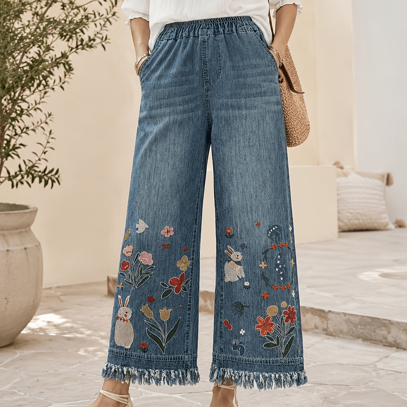Embroidered Lightweight Cropped Jeans For Women, Baggy Straight Leg Elastic Waist Jeans For Spring Summer And Autumn With Hem, Denim Capris For Everyday And Formal Outfits