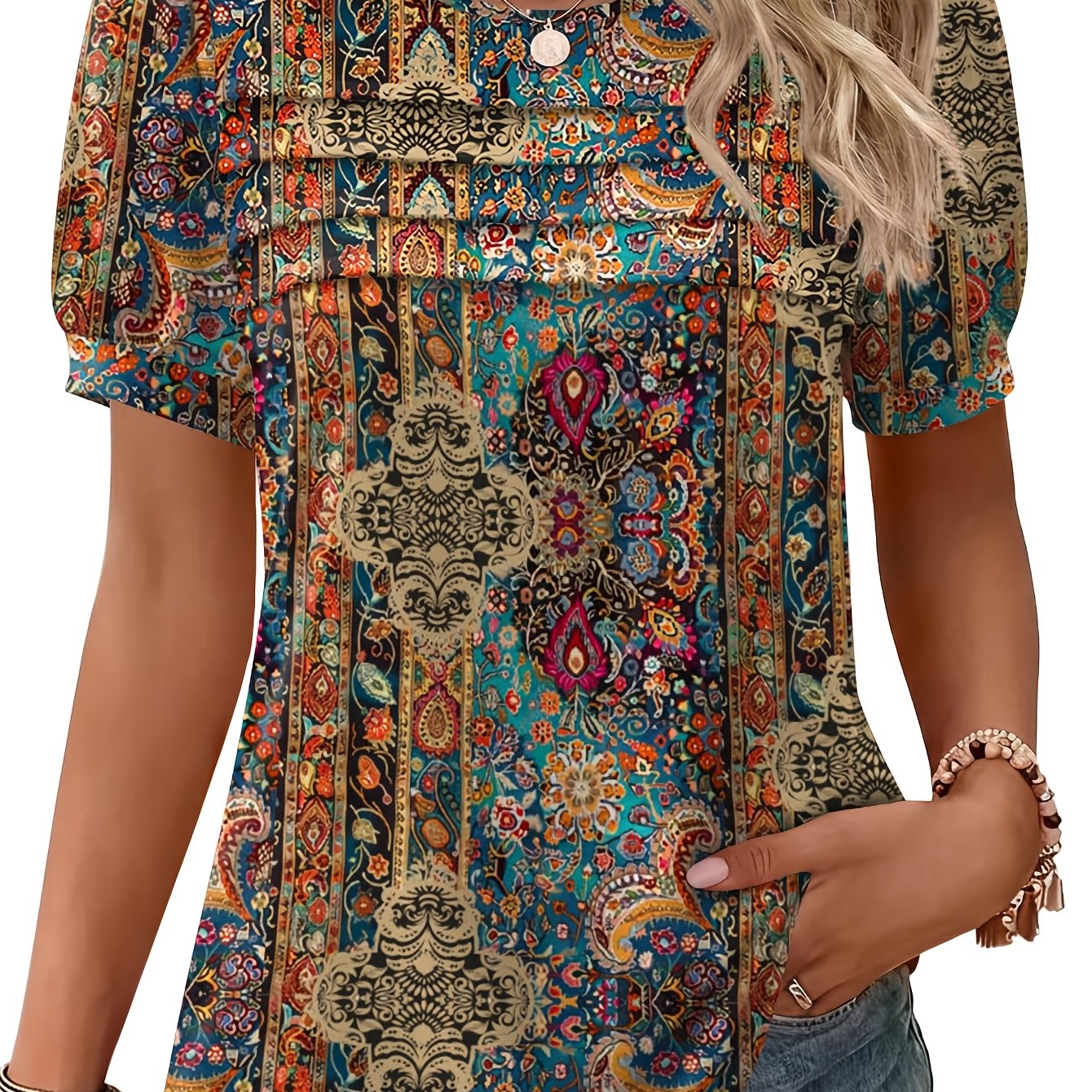TEMU Women's Oversized Short Sleeve Shirt - Loose Fit Round Neck Pullover Top, Opaque Full-body Print Basic Suitable For Seasons, Machine Washable