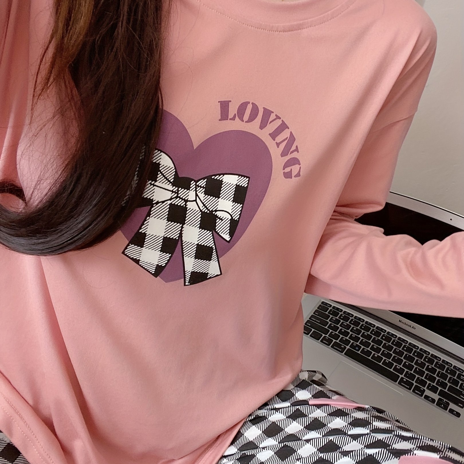 Spring/autumn Bow Love Pattern Pajama Set, Women's Long Sleeve Wear Suit
