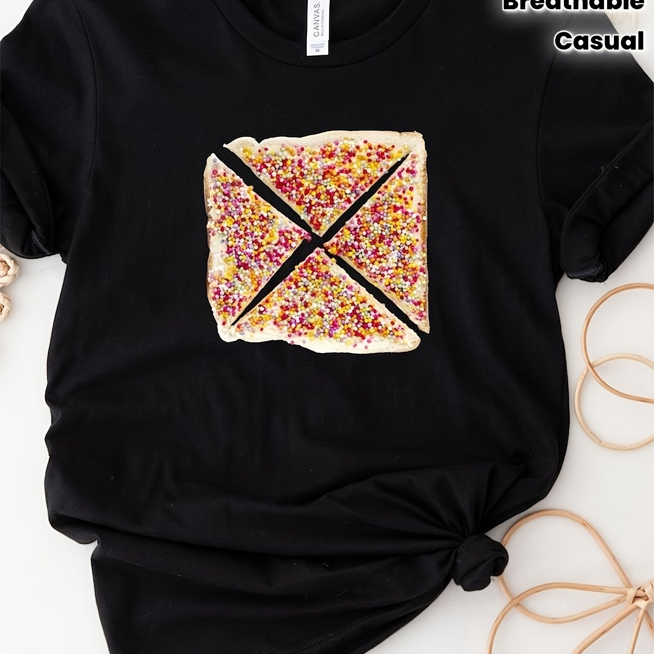 TEMU Women's Comfortable Sprinkle Daily Wear Breathable Food Themed Crew Neck High Stretch Standard Size-unisex Holiday Gift Casual Outing 2026 New