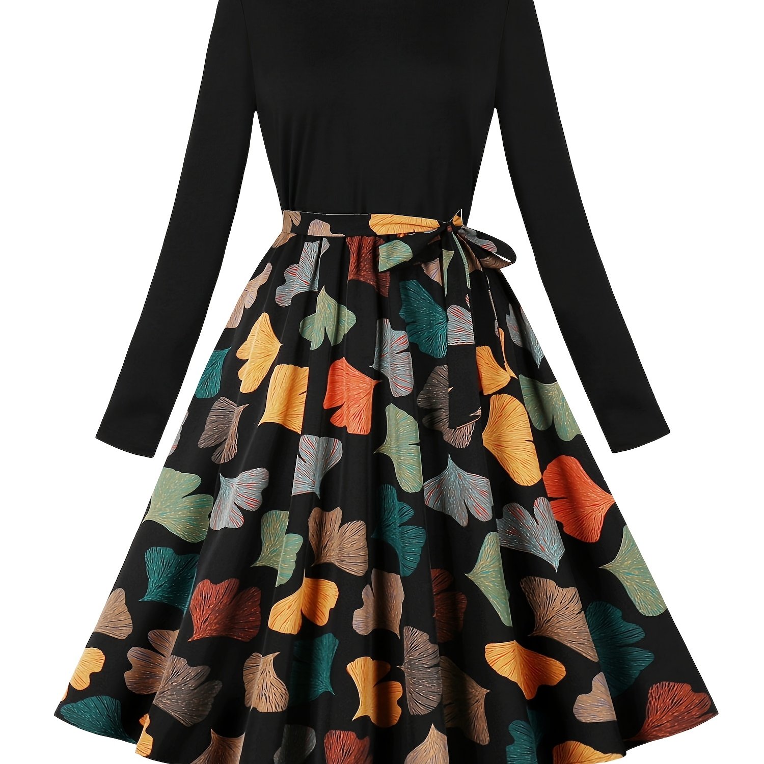Elegant Printed Long Sleeve Round Neck Casual Party Dress