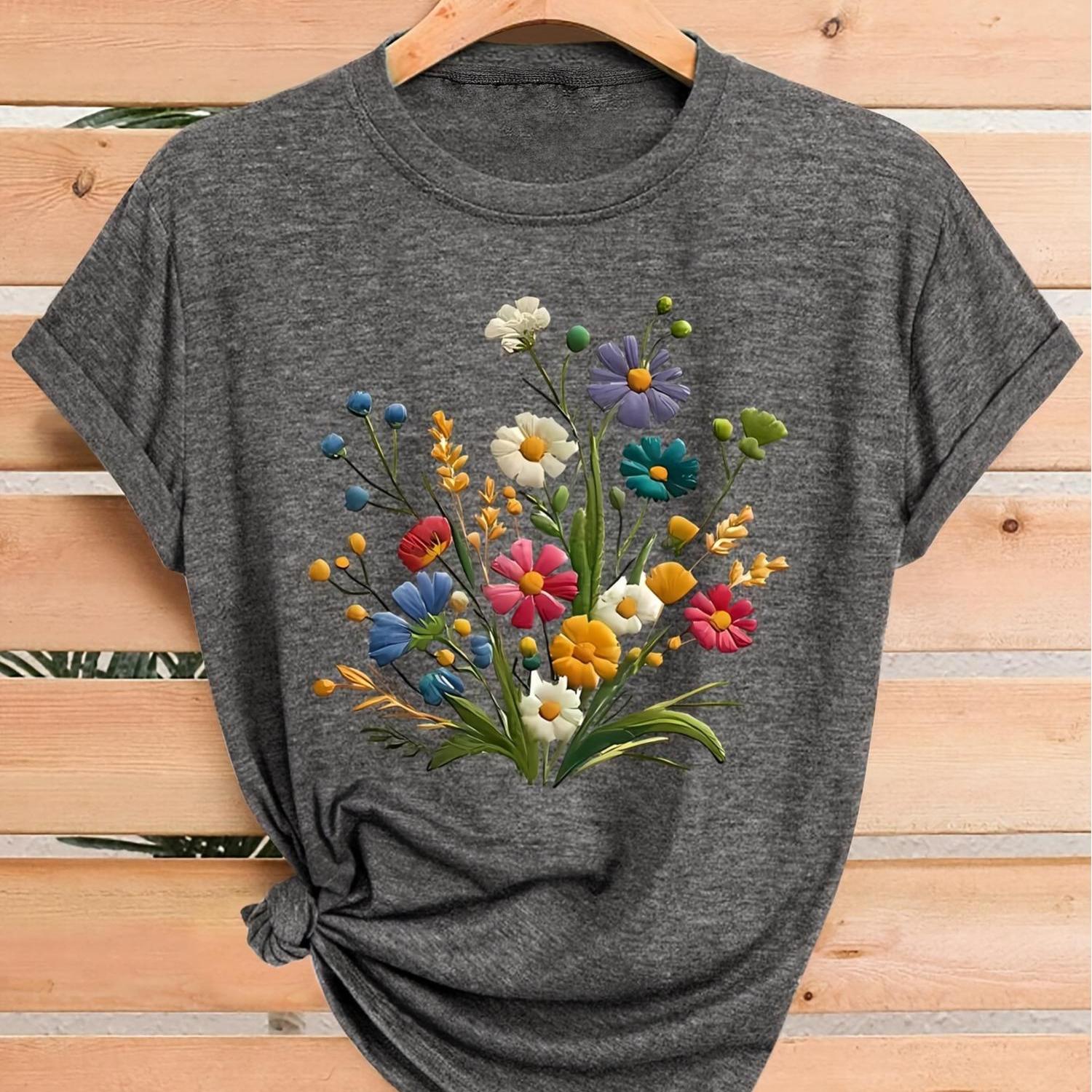 TEMU Women's Vintage Botanical Plant And Flower Print T-shirt - Short Sleeve Round Neck Blouse, S-xxl (s-xl In Some Cases) Casual And Semi-casual Top