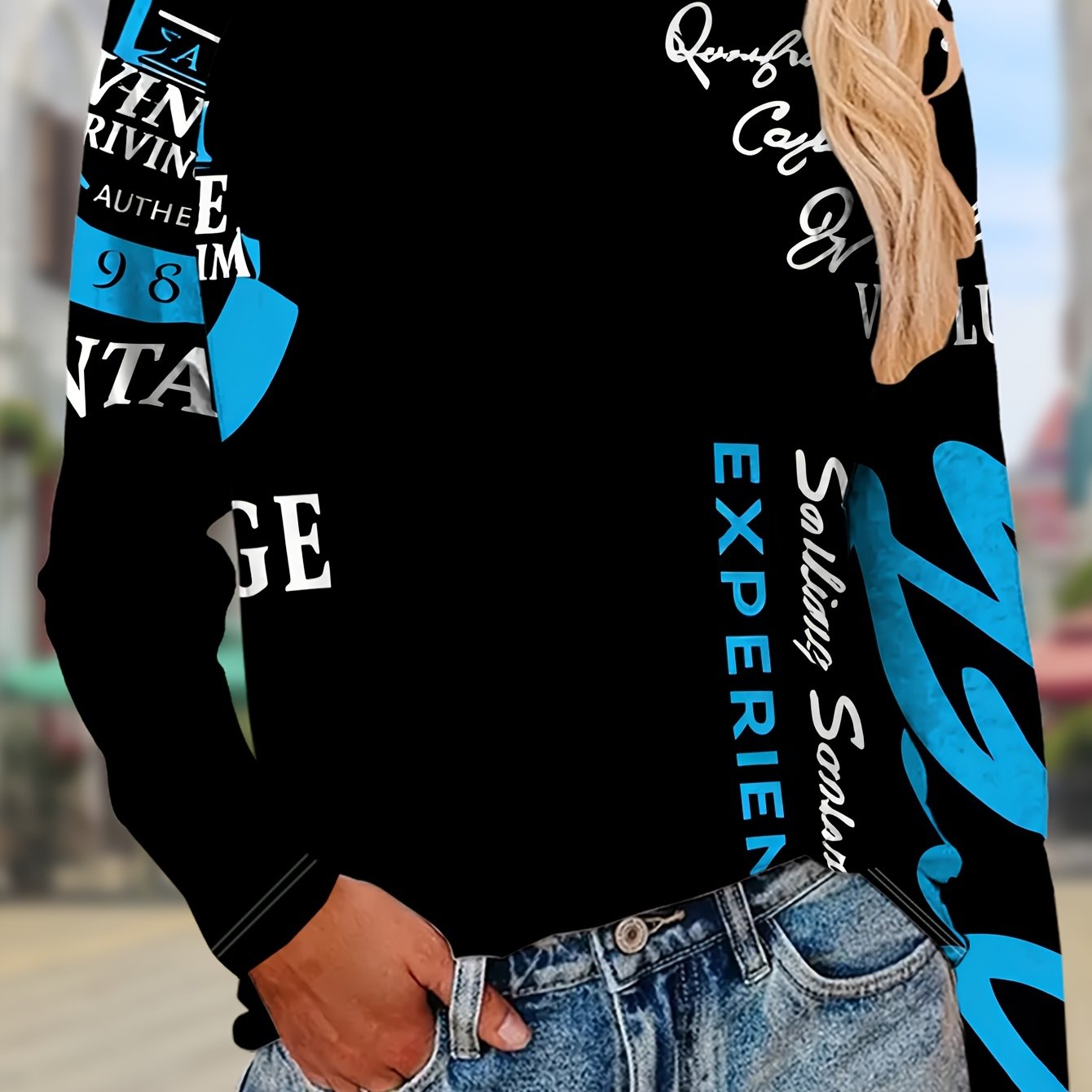 TEMU Women's Casual Long-sleeve T-shirt Featuring 2 Sets Of Vintage-style Text In Blue, White, And Black, Showcasing Sporty And Elements. Seasonal