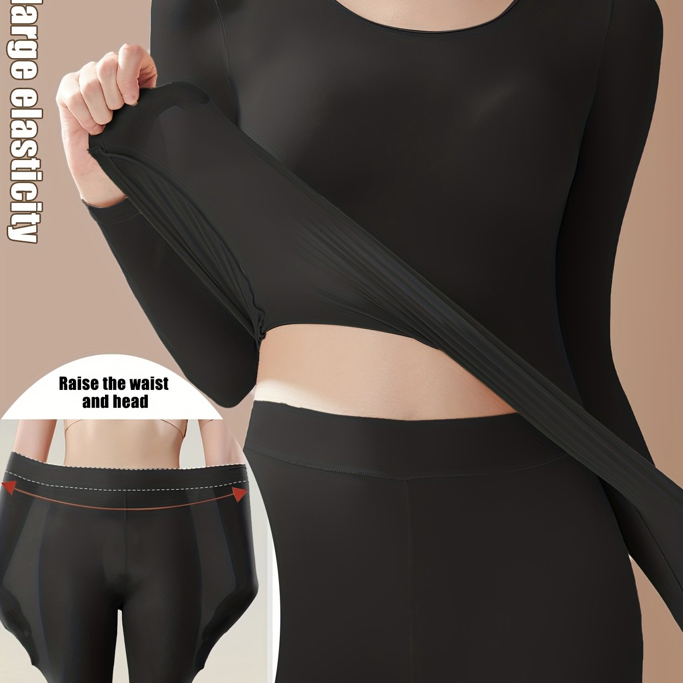 Image of 1 Set Base Layer Long Sleeve And Pants Autumn Wear Thermal Leggings High-elastic Ultra-thin Fitted Underwear Set Women