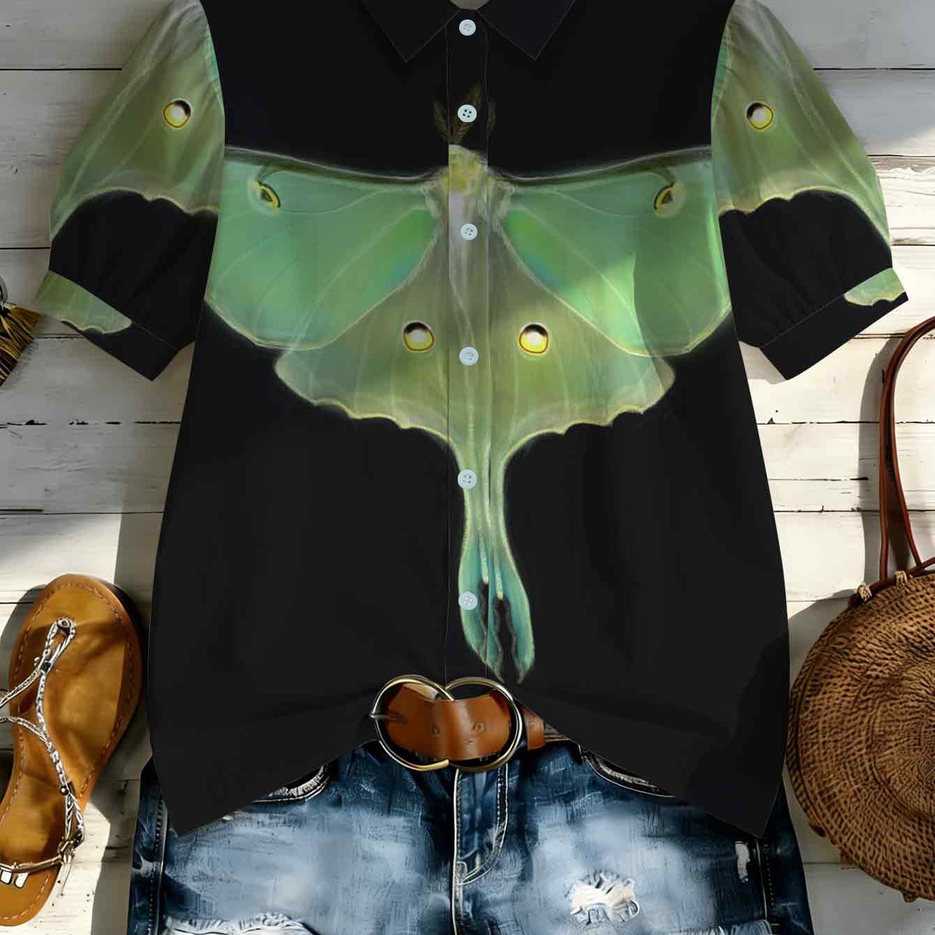 TEMU 1pc Moon Moth Printed Short Sleeve Shirt, Ideal For Daily Wear, Beach Vacation, Casual Gatherings, Perfect Gift For , Lightweight & Breathable