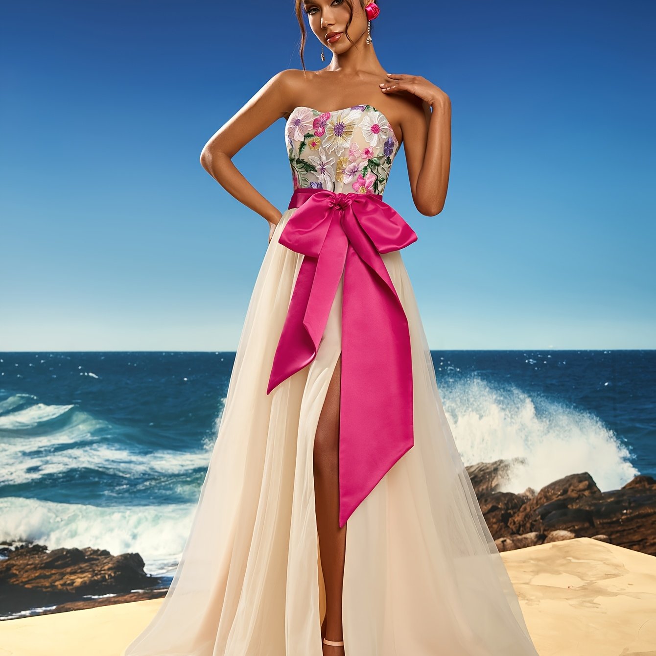 Strapless kanten driedimensionale applicatie met strikversiering voor lange  avondjurken, damesavondjurken, geschikt voor * bijeenkomsten en familie*, image size:1340x1340