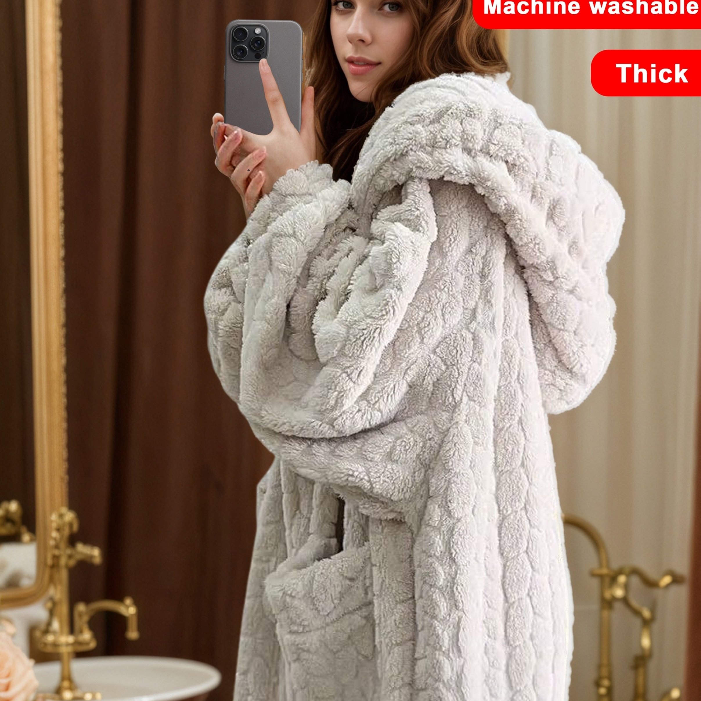 TEMU Women's Plush Hooded Bathrobe: Thick Warm Fleece, Loungewear With Pockets, Machine Washable Winter Sleepwear, This Fluffy Bathrobe Wraps You In