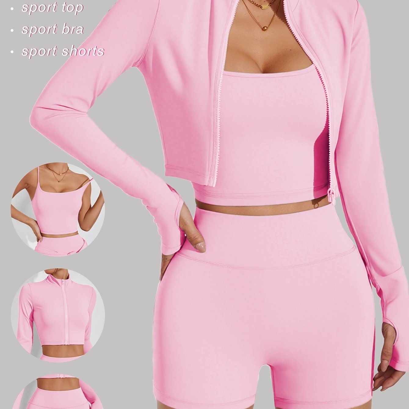 E-shop Damen Dreiteiliges Sportoutfit: Yoga Fitness Laufbekleidung – U-Ausschnitt Tanktop + High-Waist Po-Hebe-Shorts + Langarmjacke mit Daumenlöchern,