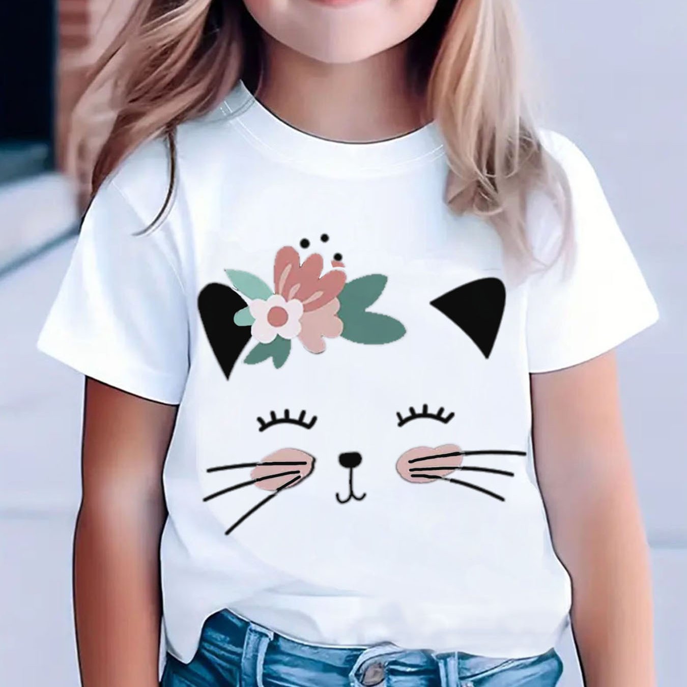 Summer Children's Kitten Flower Print Round Neck Short Sleeve T-shirt, Simple And Stylish Black, White, And Pink Kitten Girl Short Sleeve T-shirt Top