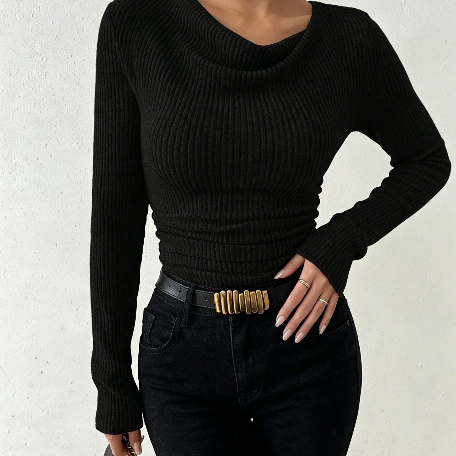 TEMU New Women's Off-the-shoulder Vertical Ribbed Long Sleeve Top, Featuring Ruched Waist Design