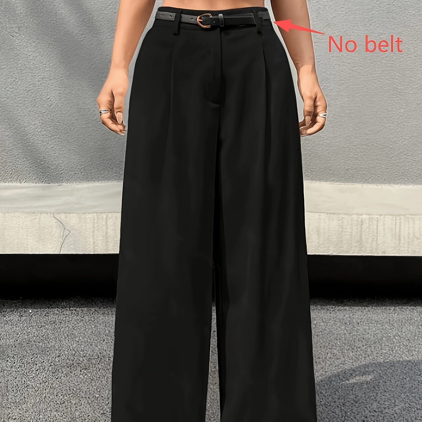 TEMU Women's High-waist Wide-leg Pants, Black Casual , Spring/autumn Straight Loose Trousers, No Belt