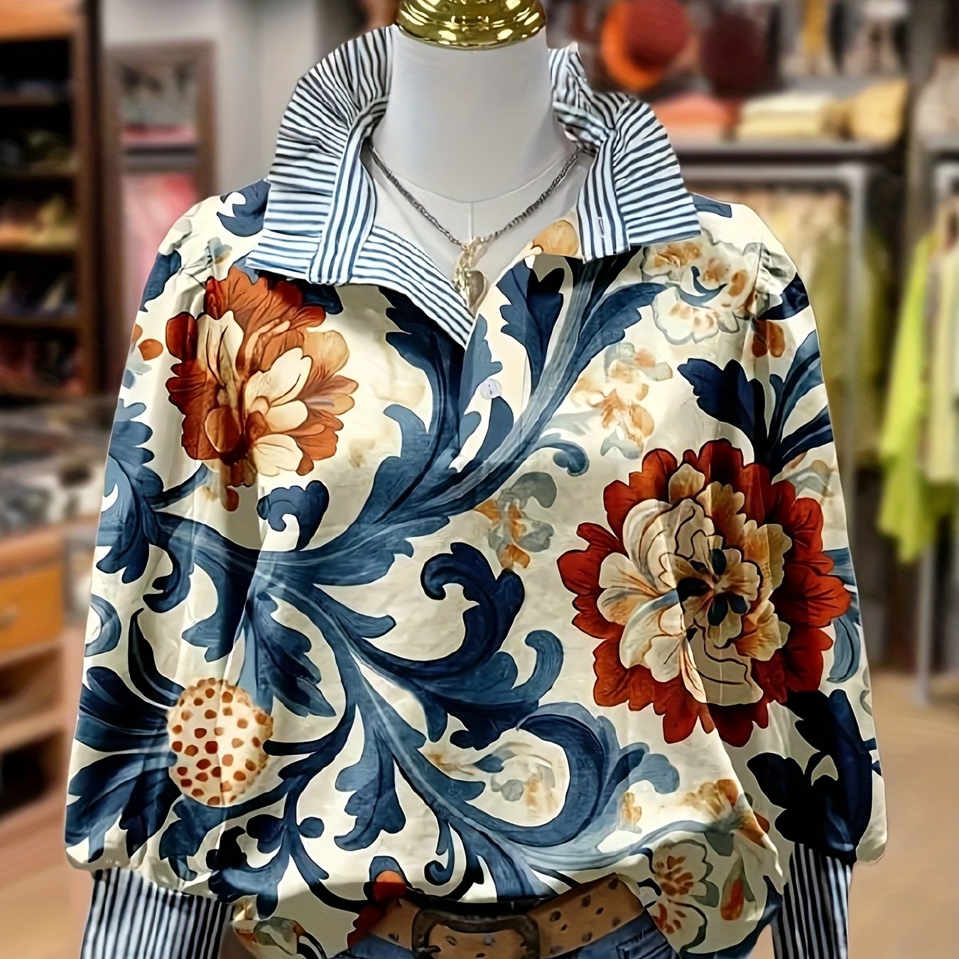 TEMU Women's Printed Shirt With Striped Bow Tie Pullover Long Sleeve Casual Blouse