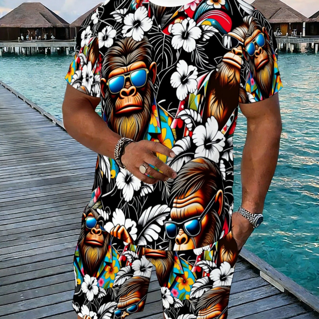 TEMU Men's Lightweight Polyester T-shirt And Shorts Set Featuring A Tropical , Perfect For Beach And Casual Swimming, Designed For And Durability At