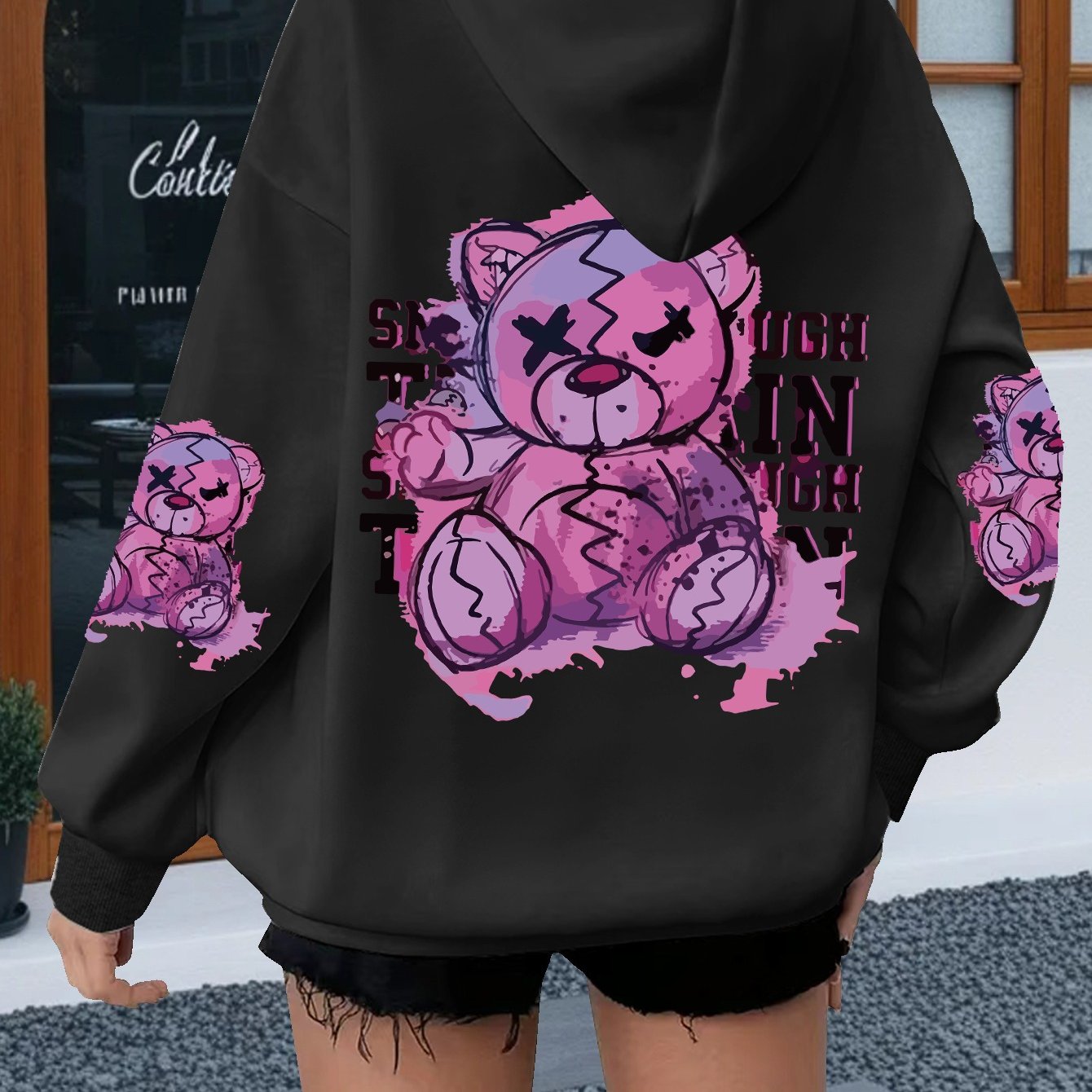 TEMU Plus Size - Teddy Bear Graffiti Print, Street Trendy Casual Women's Hooded Sweatshirt