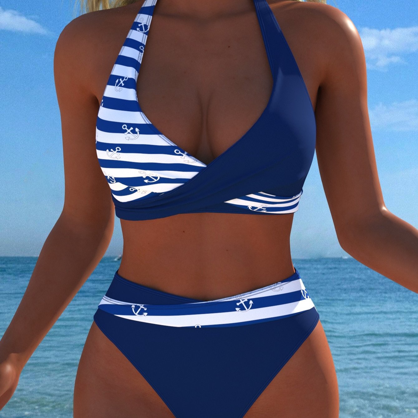 Image of Women's Navy Blue Striped Anchor Halter Bikini Set, 2pcs Swimsuit, Perfect For Beach And Poolside New Arrival Festival Summer Holiday Outfits Travel Vacation