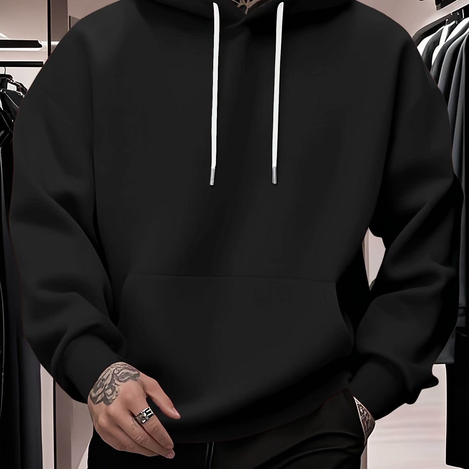 TEMU Plus Size Men's Hoodie With Pockets, Casual Breathable Long Sleeve Hooded Sweatshirt, Suitable For City Strolls, Streetwear, And Outdoor