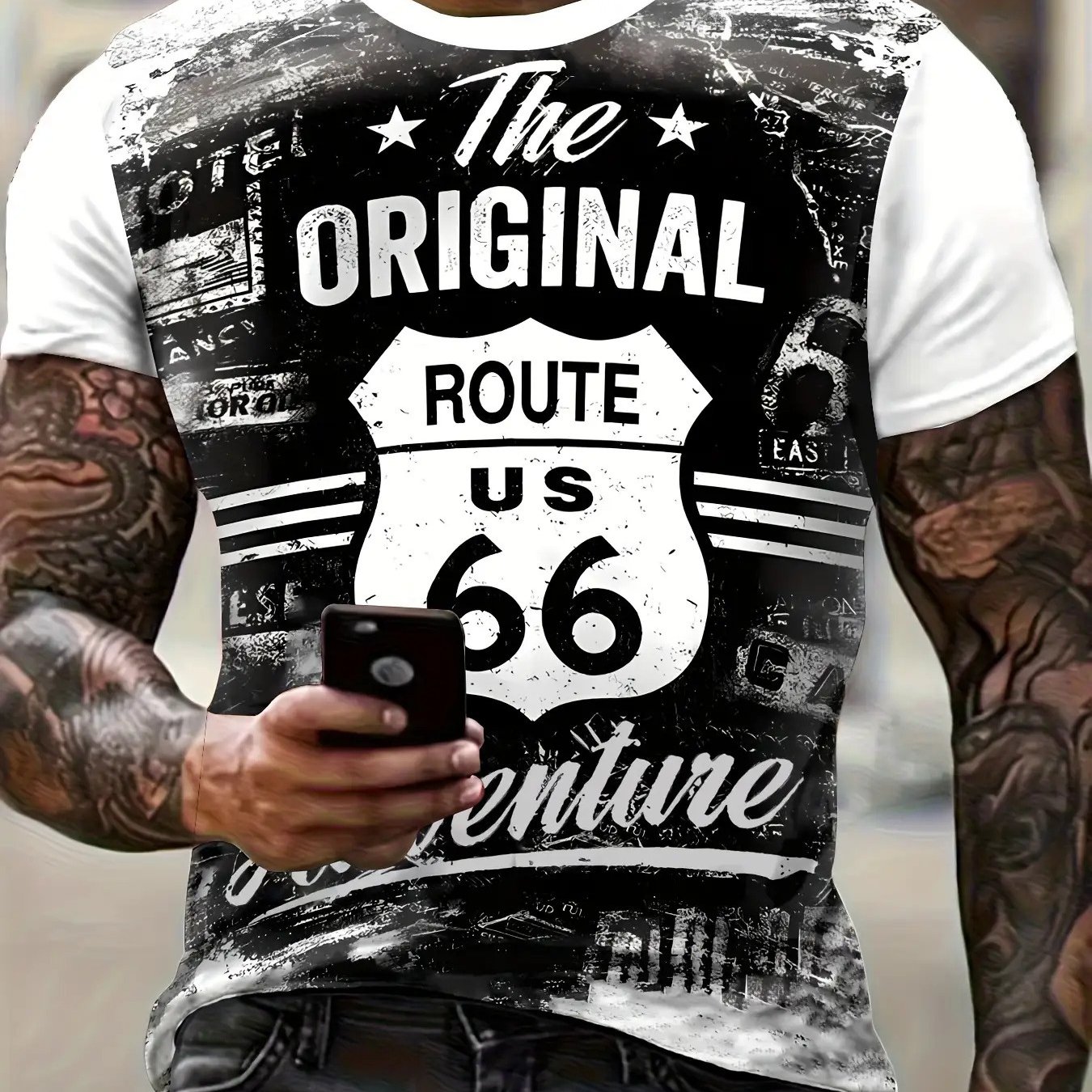 TEMU 58989974759 Men's Retro Pattern T-shirt - Breathable Summer Short Sleeve, , Casual Streetwear For Hiking And Outdoor Activities, Classic Round