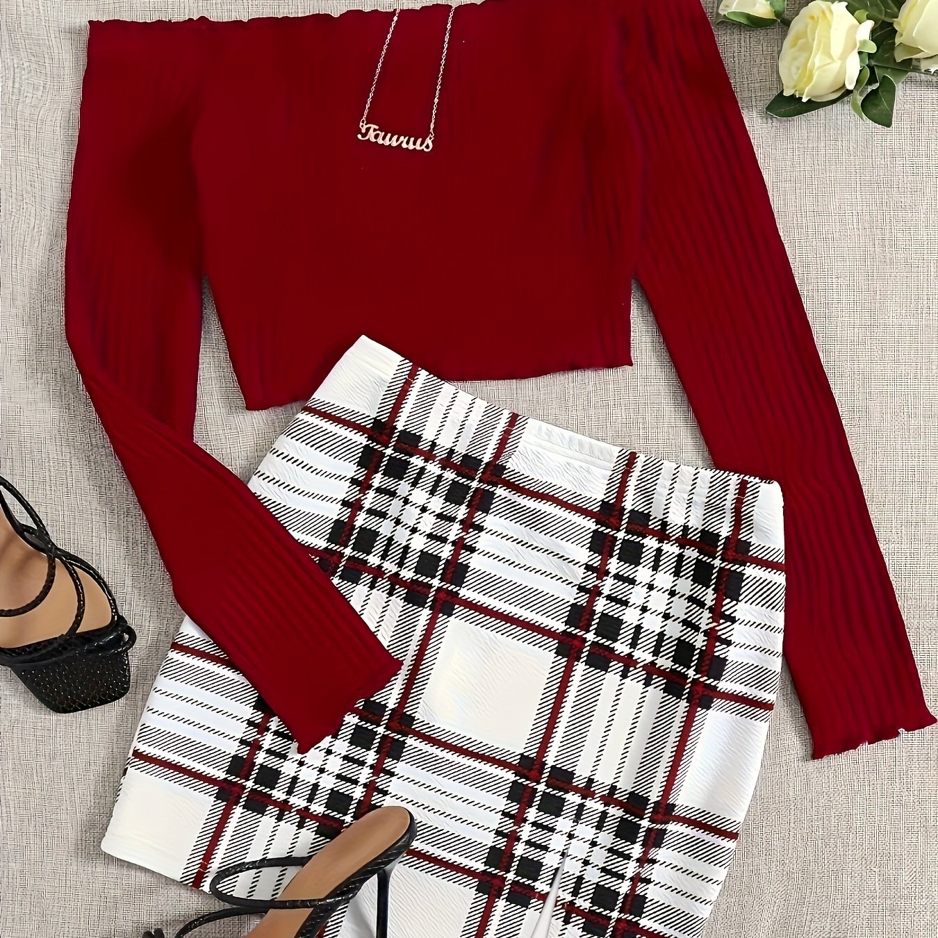 TEMU Solid Color Casual Off-shoulder Top And Plaid Print Skirt Set, Skirts For Women, Winter Skirts For Women, Women Winter Skirts, Skirts For Women