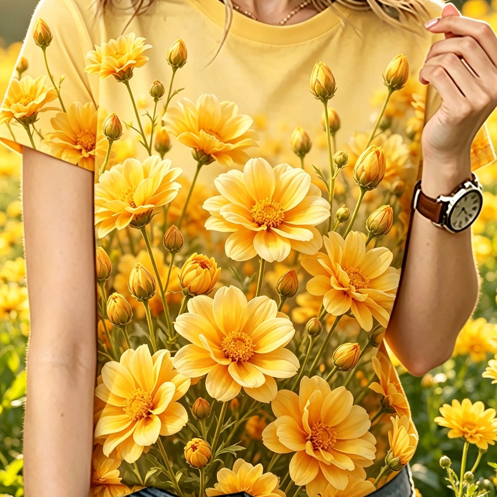 TEMU Women's Yellow Daisy Print Short-sleeve T-shirt - Round Neck Casual Blouse Top With Suitable For Spring Summer Fall Outfits, Machine Washable