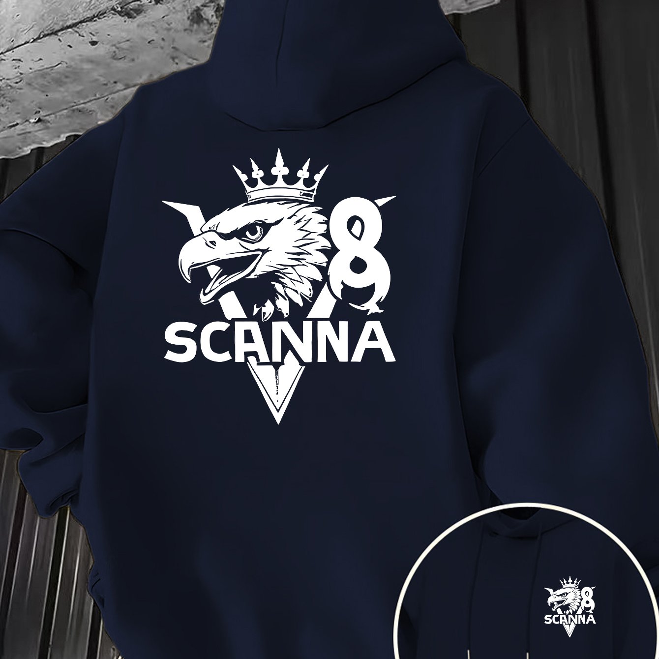 TEMU V8 Eagle Head Crown Themed Men's Hooded Sweatshirt, Featuring Chest Logo And Large Graphic Print On The Back, Designed For Car And Street