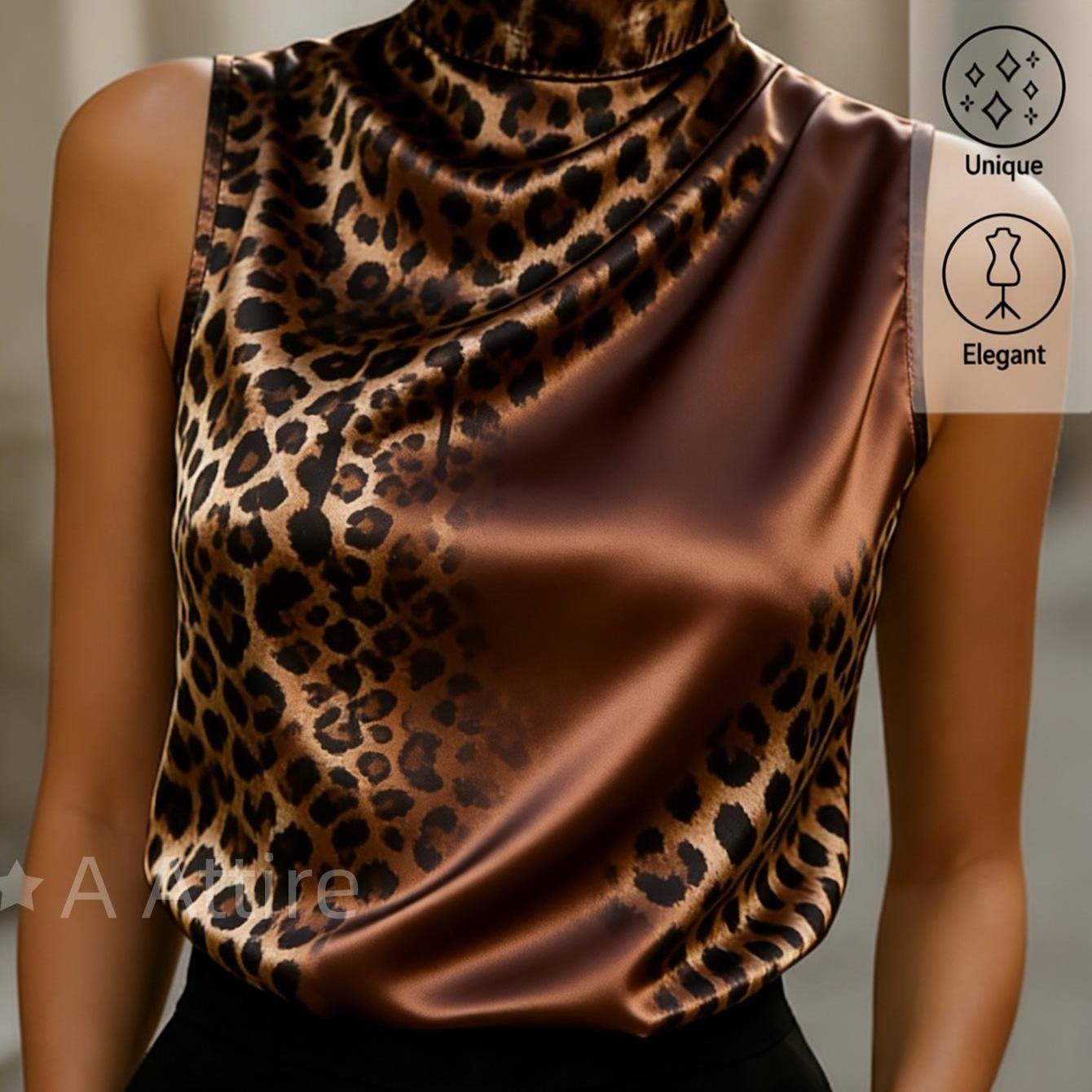 Image of Women's Summer Sleeveless Satin Vest With Full Leopard Print - Stand Collar Blouseable Top | Suitable For Commuting, Dates & Casual Attire | Machine Washable Non-stretch Elegant Outerwear Gift