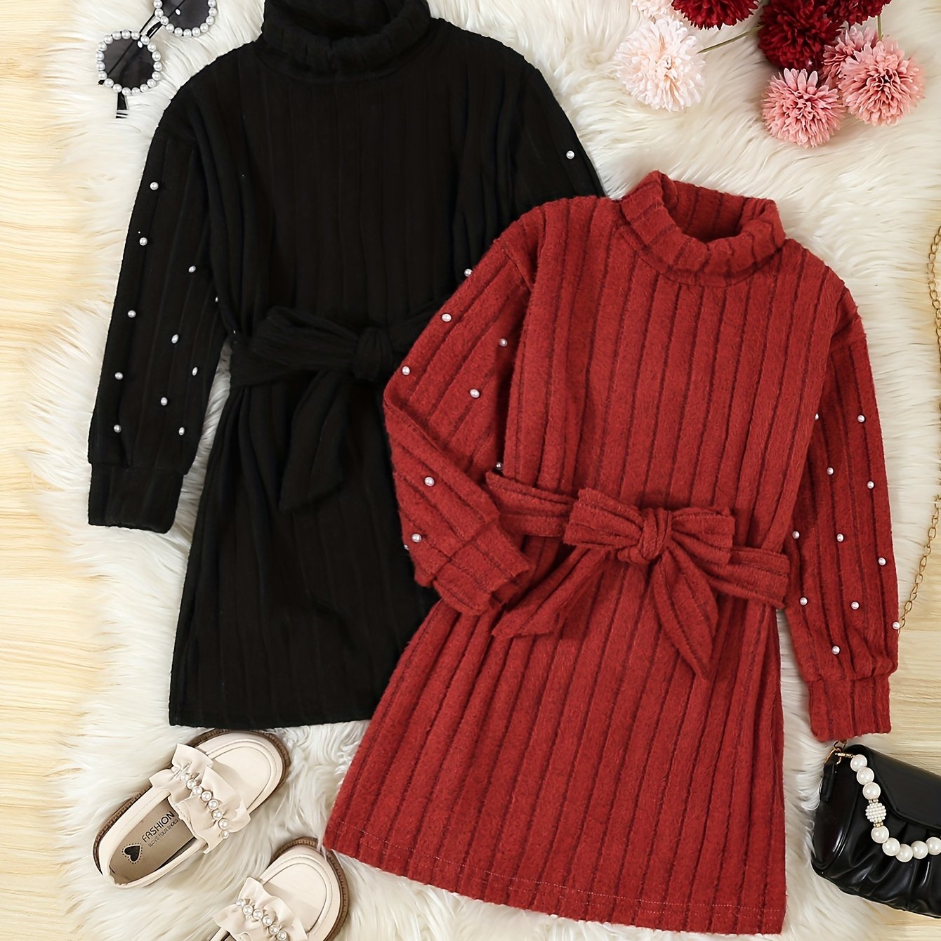 Image of 2pcs Girls' Beaded Bowknot Fashion Dresses
