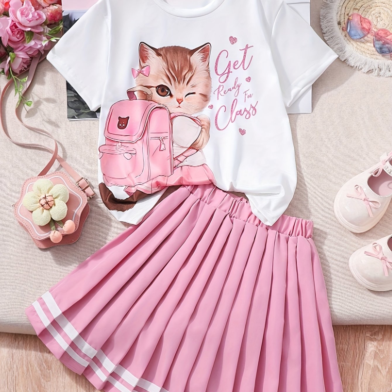 Summer Girls' Fashionable Cute Knit Short Sleeve Round Neck T-shirt And Elastic Waist Pleated Shorts 2pcs Set With Cute Kitten English Slogan , Suitable For , Casual Travel Wear, For Outdoor