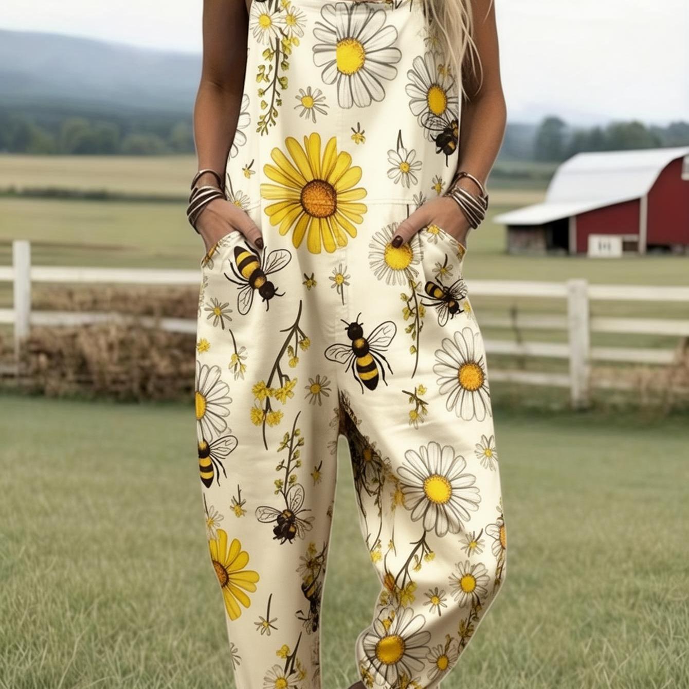 TEMU Plus Size - Regular Women's Full-print Suspender Jumpsuit, Daisy And Romper, Women's Summer Bohemian Style Suspender Pants, Outfit, Farmhouse