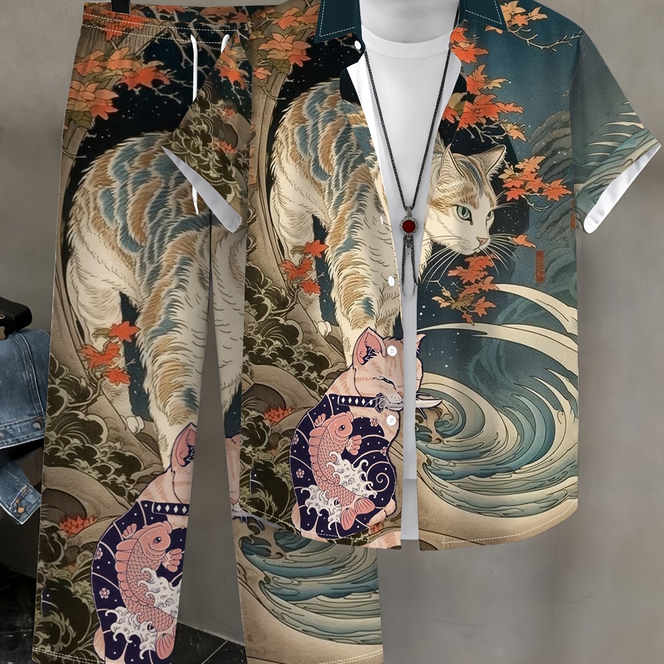 TEMU メンズ 半袖シャツ＆パンツセット 普段着コーデ 洗濯機洗い対応 カジュアルスーツ メンズファッション カジュアル・アウトドアウェア用 レギュラーフィット