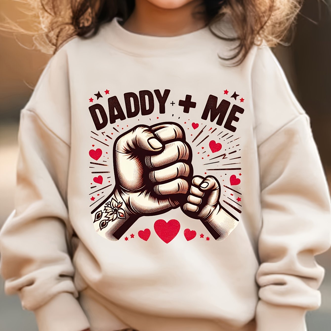 Image of Girls' Daddy And Me Letter Heart Casual Versatile Round Neck Autumn Winter Fleece Thickened Sweatshirt