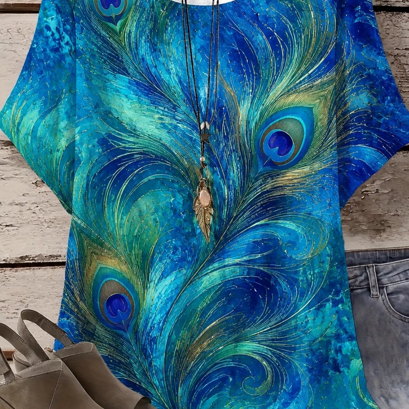TEMU Plus Size, Plus Size Women's T-shirt Green Pattern Print High Elasticity And Peacock Art Design Creative Print, Machine Washable, Soft Fabric,