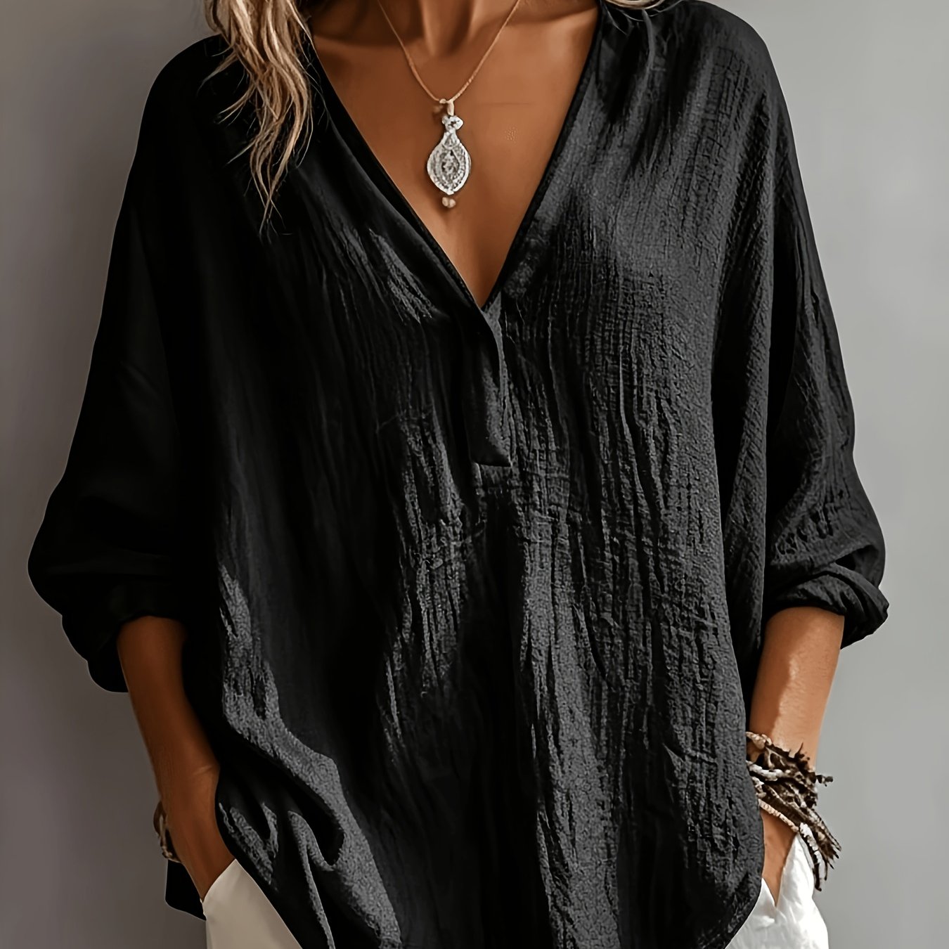 Image of New Women's Casual Loose-fit Fashionable Solid Color Long-sleeve V-neck Pullover Blouse For Cross-border Selling In Europe And America