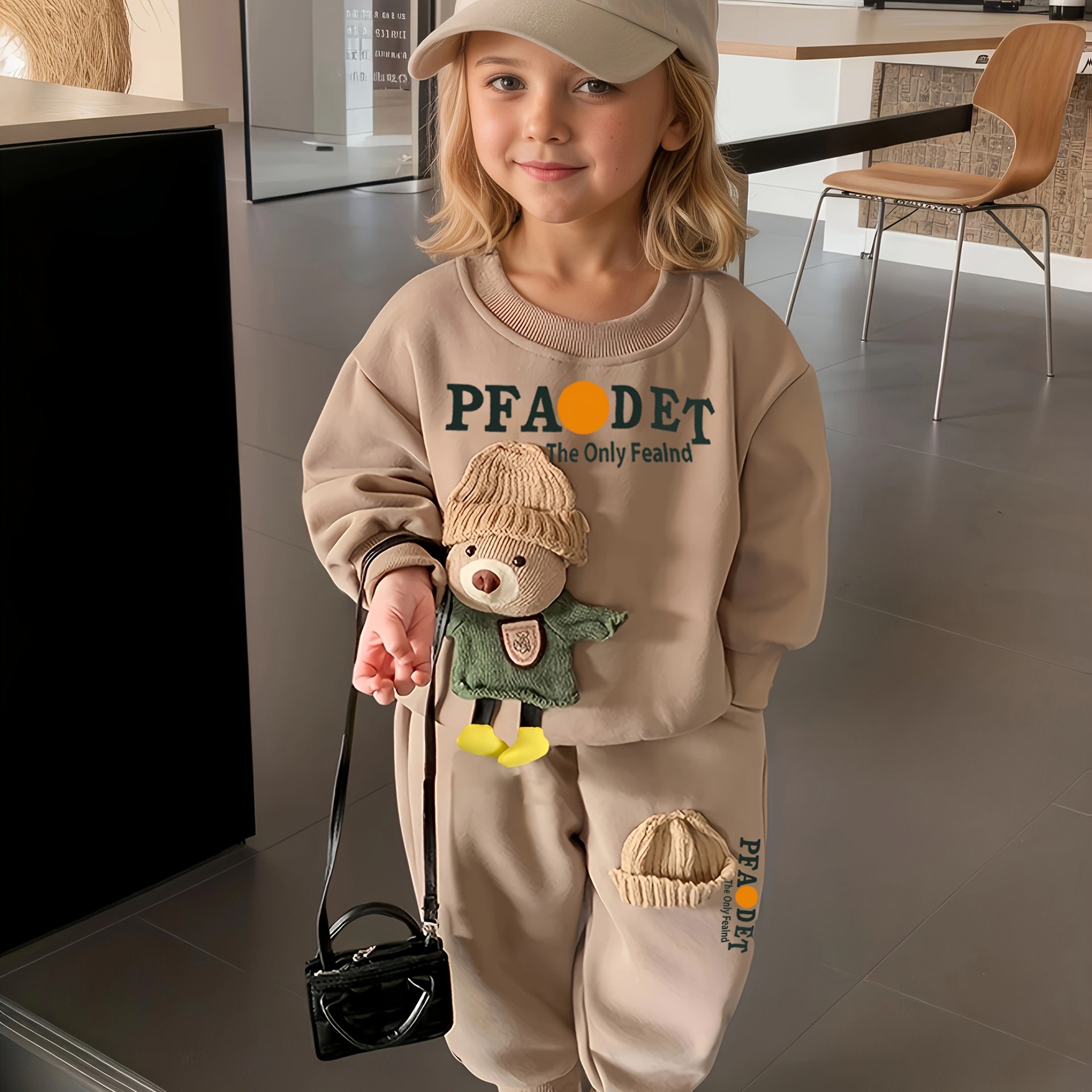 Image of Girl's Round Neck Long Sleeved Pants Set For Spring And Autumn, With Cute Teddy Bear Decoration, Soft And Comfortable, Suitable For Leisure Outdoor Activities, Perfect For Outdoor