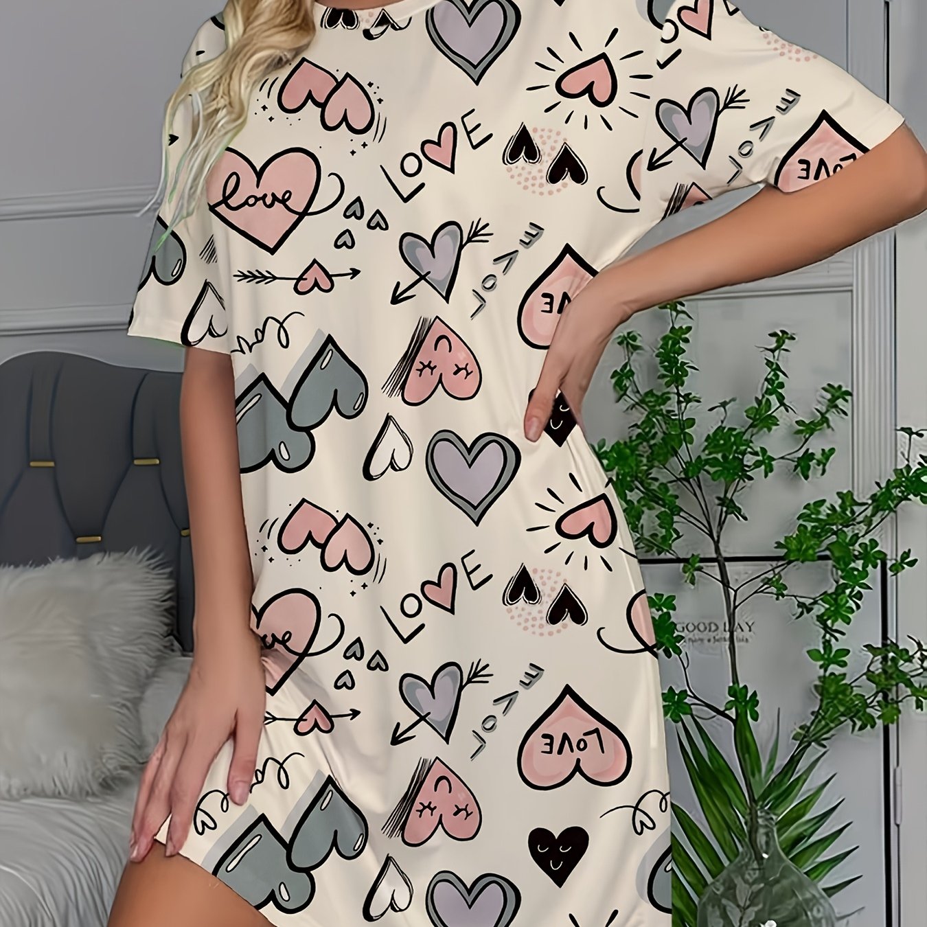TEMU Women's Short Sleeve Nightgown, Print Love Letter Loose T-shirt Dress, Soft Comfortable Wear, Breathable Round Neck Pajamas