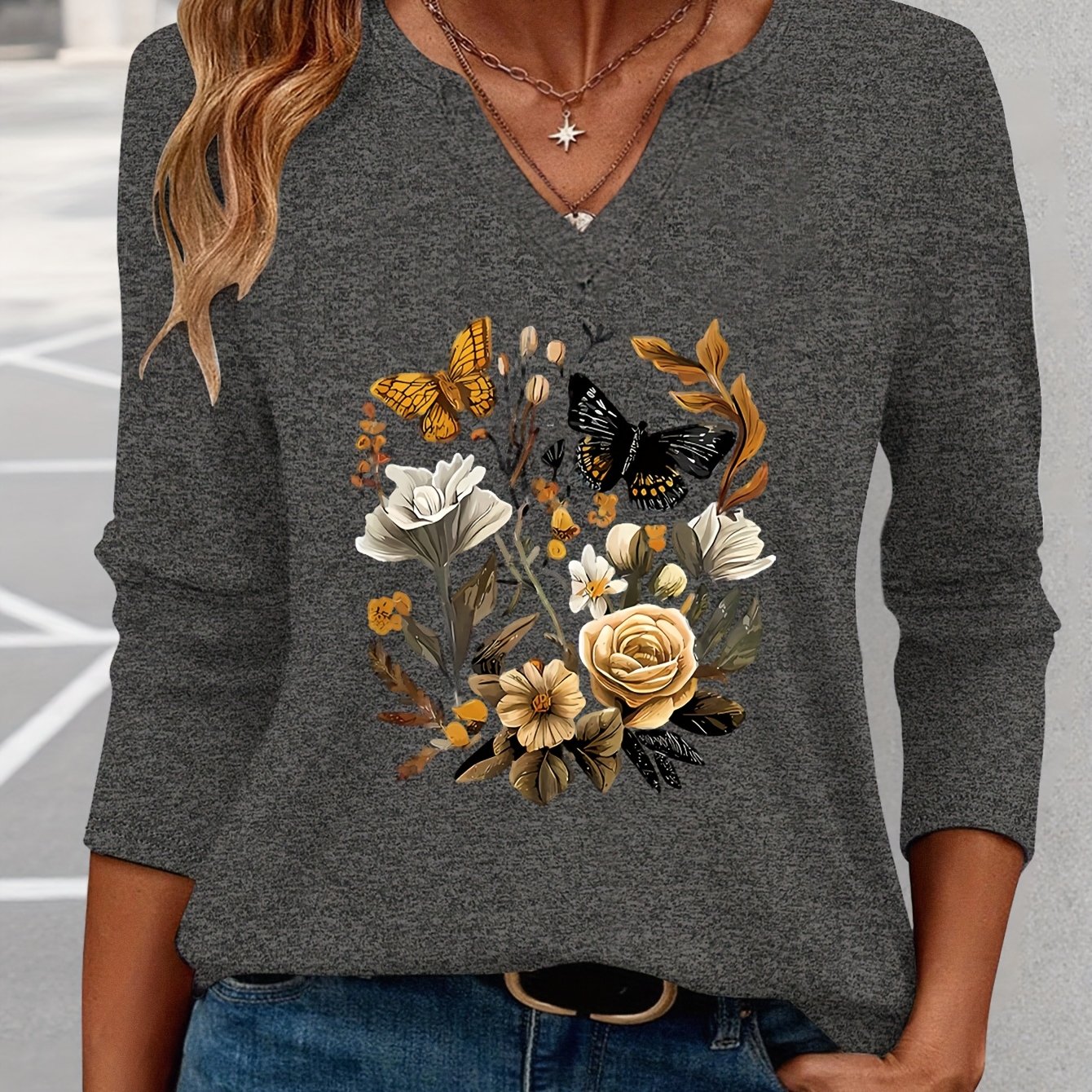 TEMU Women's Casual V-neck T-shirt With Floral & Graphic Print - Fabric, , Machine Washable, Regular Fit, Ladies T Shirts, Durable Wear