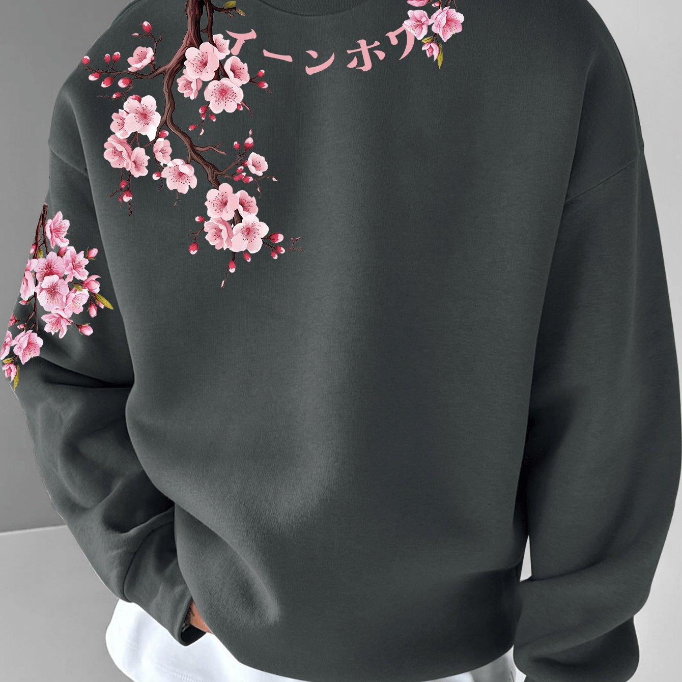 TEMU Men's Japanese-style Round-neck Sweatshirt Featuring A Pink Cherry Branch Illustration With The Japanese Text 'ã¢ã¼ã³ãã¯'. Ideal For Casual
